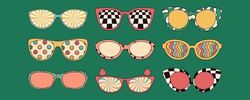 Psychedelic retro sunglasses with different patterns. Trendy retro 1970s style. Vector illustration.