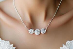 AI Generated Three Stone Diamond Necklace on Young Woman. Bridal jewelry photo