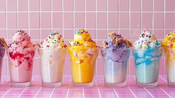 AI Generated Multiple glass cups filled with vibrant, colorful ice cream scoops photo