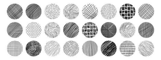 Set of textures with different circle patterns. Vector scribble, horizontal and wave strokes collection.