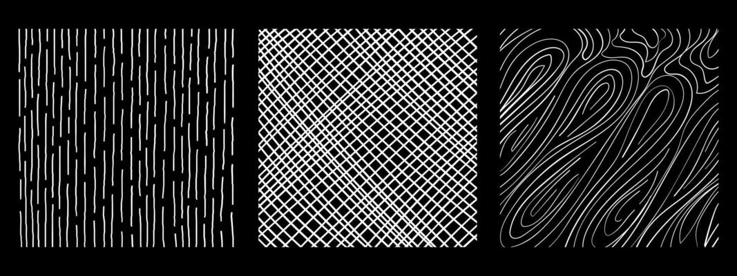 Graphic vector freehand textures set with different hand drawn squares patterns. Pencil lines on black background.