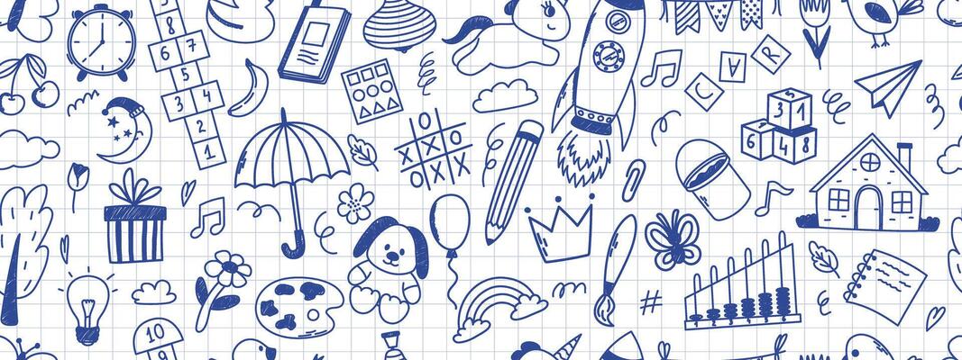 Seamless pattern with daycare doodle elements. Unicorn, hopscotch, toys, crown, umbrella, house, tree and other elements. Scribbled with chalk texture.
