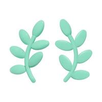 Two simple green twigs with oval leaves. 3D vector succulent plants isolated on white background. Cartoon branch icon.