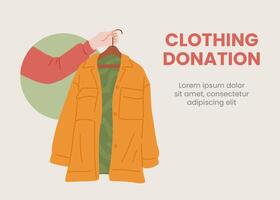 Hand holding hanger with orange coat. Flat vector illustration promoting clothing donation. Charity concept.