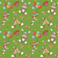 Seamless pattern with clowns and various circus objects on green background. Funny characters in groovy style. Vector illustration.