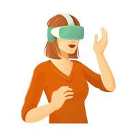 Young Woman Experiencing Virtual Reality Gaming with Modern VR Headset. vector