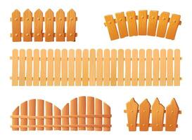 colección de dibujos animados de madera cercas conjunto de recintos en varios estilos. vector ilustración de barreras de varios formas y longitudes aislado en blanco antecedentes.