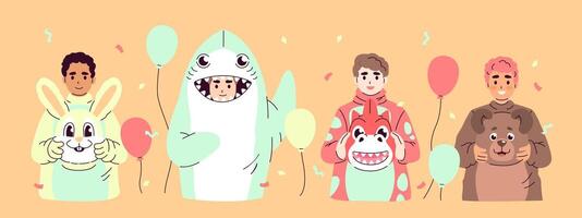 Group of people in costumes of various animals on a holiday. vector