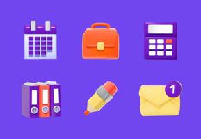 Vibrant collection of office 3D icons, featuring a calendar, briefcase, calculator, binders, pencil, and email notification. Set of business symbols on purple background vector