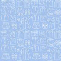 Seamless Pattern of Doodle Clothing Outlines on Blue. Simple sketched garment items. vector