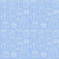 Seamless Pattern of Doodle Clothing Outlines on Blue. Simple sketched garment items. vector