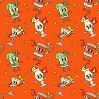 Seamless pattern with cartoon groovy cocktail character on orange background. Colorful vector illustration with various alcoholic beverages in glasses of different shapes.