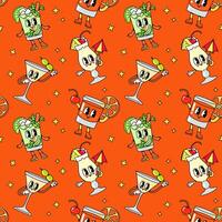 Seamless pattern with cartoon groovy cocktail character on orange background. Colorful vector illustration with various alcoholic beverages in glasses of different shapes.