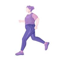Curvy woman in a tracksuit is jogging. Elderly lady doing a running workout for health. Vector illustration of plus size cardio athlete at training. View side.