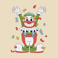 Cheerful Clown with confetti in cartoon groovy style, Colorful Illustration for Kids Party Entertainment. vector