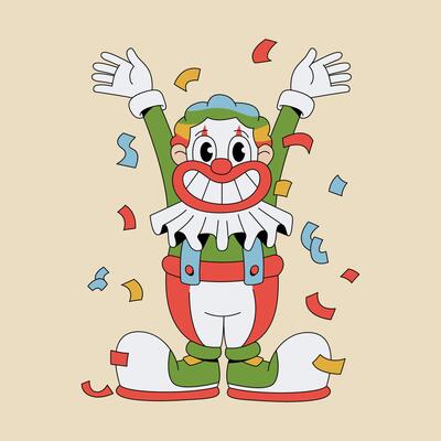 Cheerful Clown with confetti in cartoon groovy style, Colorful Illustration for Kids Party Entertainment.