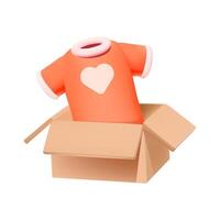 T-shirt featuring heart design, emerging from open cardboard box. 3D vector icon represents concepts such as gifting, new purchase, delivery of online order or charity within the apparel context.