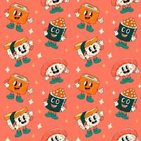 Seamless pattern with cartoon groovy sushi and sashimi characters on red background. Food vector illustration.