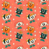 Seamless pattern with cartoon groovy sushi and sashimi characters on red background. Food vector illustration.