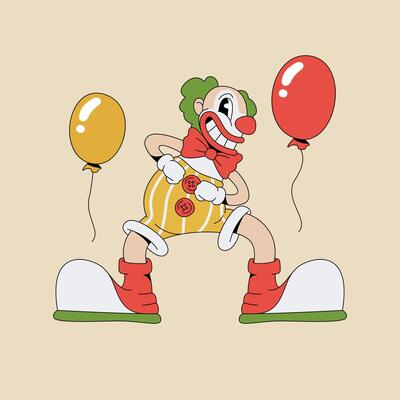 Cheerful Clown with Balloons in cartoon groovy style, Colorful Illustration for Kids Party Entertainment.