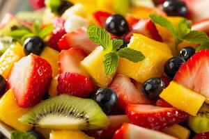 AI Generated Fruit Salad. An assortment of fresh berries and fruit pieces photo
