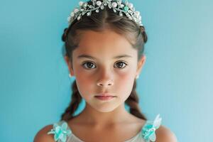 ai generado 8 años antiguo joven Hispano niña en tiara, belleza pompa, ligero azul estudio antecedentes foto