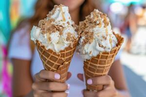 ai generado mano participación dos gofre conos con derritiendo cucharadas de caramelo hielo crema foto