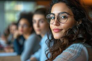 AI Generated Young Hispanic woman listening to presentation in group meeting in office photo