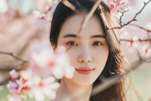 AI Generated Happy young Asian woman in blooming cherry blossoms, close up photo