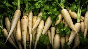 AI Generated Parsnips with fresh green tops, close up photo