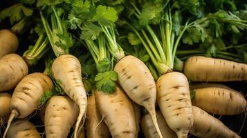 AI Generated Parsnips with fresh green tops, close up photo