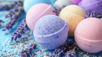 AI Generated Artisanal colorful bath bombs and dried lavender flowers photo