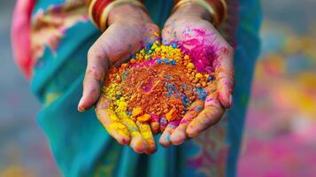 AI Generated Closeup of hands cupping colorful Holi powders, a symbol of joy photo