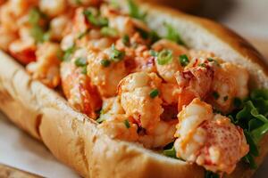 AI Generated Lobster Roll with Fresh Lettuce and Green Onions, close up photo
