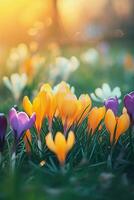 AI Generated Crocus flowers in fresh green grass, sunshine photo