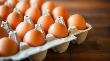 AI Generated Carton of fresh brown eggs on wooden table, close up photo