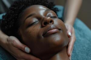 ai generado joven negro mujer disfrutando relajante facial masaje en un spa foto