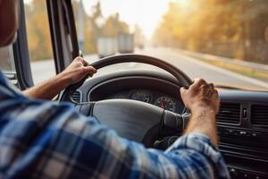 ai generado hombre conducción camión en abierto la carretera. caucásico camión conductor direccion rueda foto