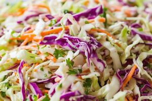 AI Generated Coleslaw salad with shredded carrots and green and red cabbage photo