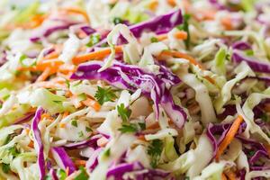 AI Generated Coleslaw salad with shredded carrots and green and red cabbage photo