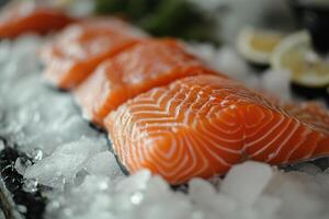 ai generado Fresco salmón cortar filete en hielo, cerca arriba foto