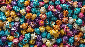 AI Generated Assorted colorful popcorn varieties, multicolored pattern, top view photo
