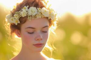 AI Generated Girl in flower crown in meadow. Summer outdoor portrait photo