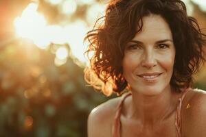 AI Generated Middle aged woman enjoying outdoor in summer. Aesthetic golden hour close up portrait photo