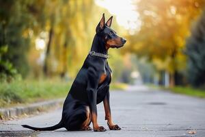 ai generado caballero pinscher se sienta atentamente en un ruta en parque foto