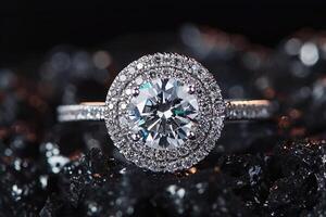 AI Generated Halo diamond engagement ring closeup. Luxury jewelry photo