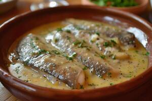 AI Generated Herring fillets in mustard sauce garnished with herbs in terracotta dish photo