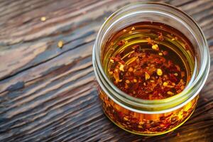 AI Generated Mason jar filled with chili oil on table in home kitchen, copy space photo