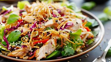 AI Generated Asian Chicken Salad with shredded chicken, lettuce, various vegetables, crispy noodles, sesame seeds photo