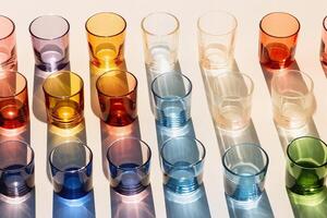 AI Generated Colorful empty glasses on white. Light and shadow, different shapes and color photo